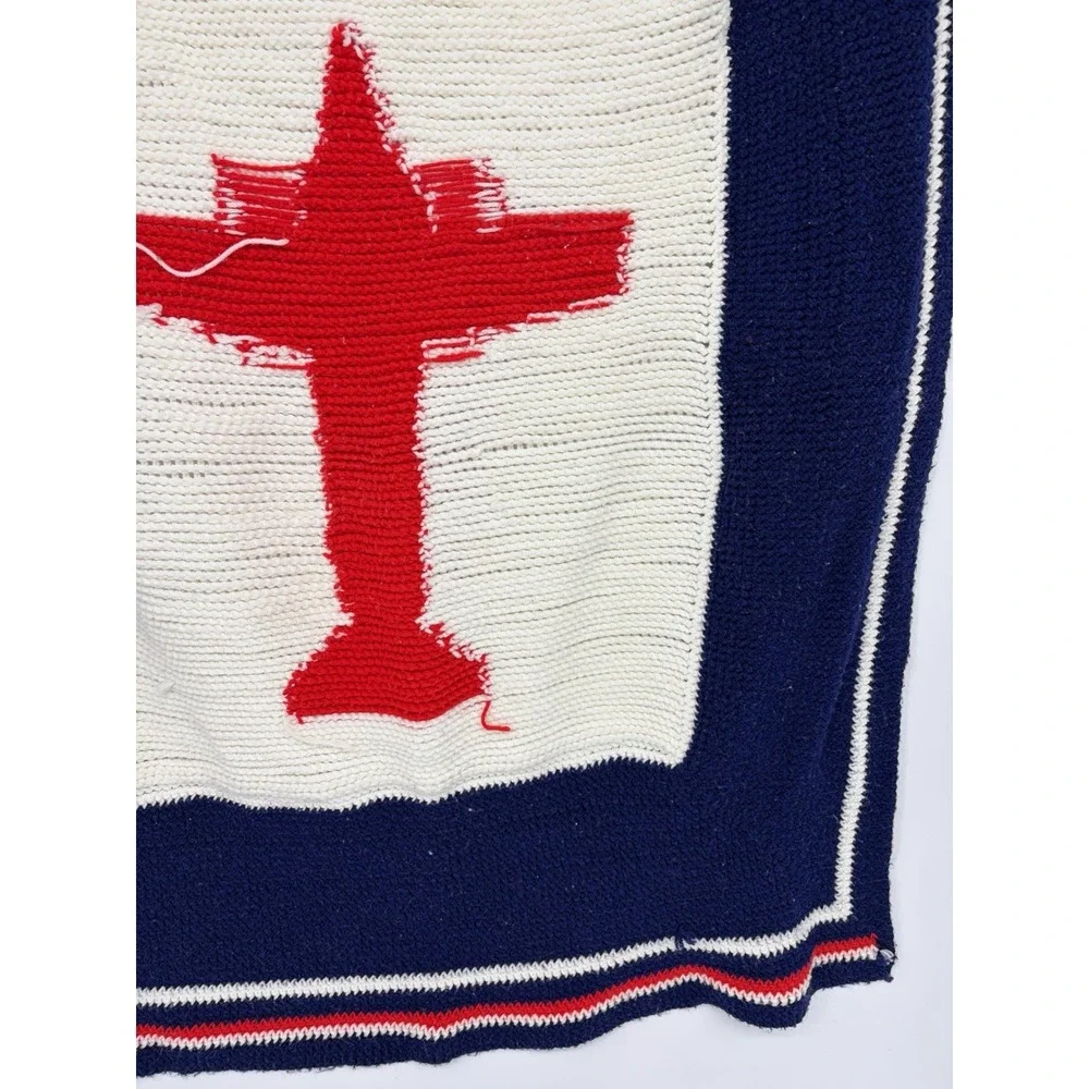 Vintage Handmade Crochet Knit Baby Blanket Airplane Red White Blue 44